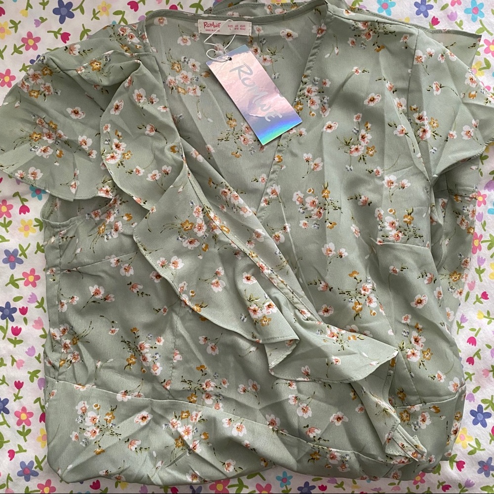 romwe floral green wrap dress